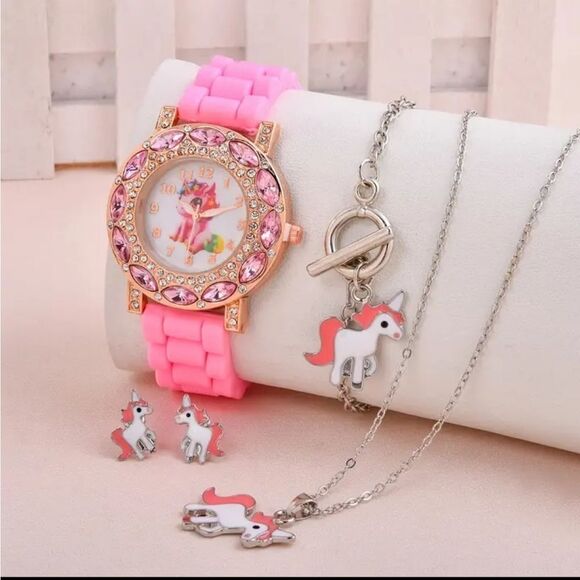 - Girls Unicorn Watch + Necklace + Earrings Set..PINK..NWT - Picture 1 of 6